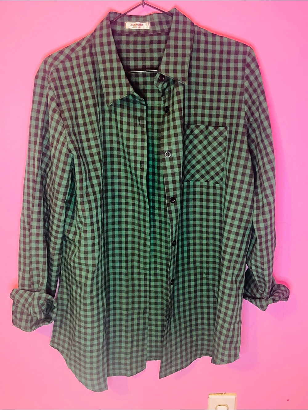 zeagoo Green and Black Plaid Button-Down Shirt